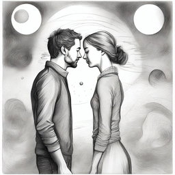 Generate a drawing of a couple, each residing in their own parallel universe