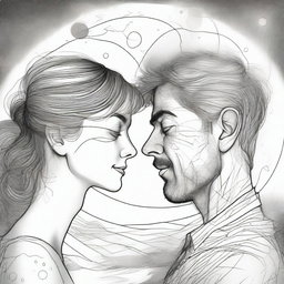 Generate a drawing of a couple, each residing in their own parallel universe