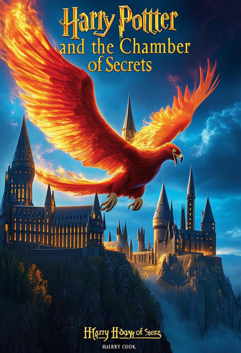 A HD book cover for "Harry Potter and the Chamber of Secrets" featuring a phoenix flying above Hogwarts