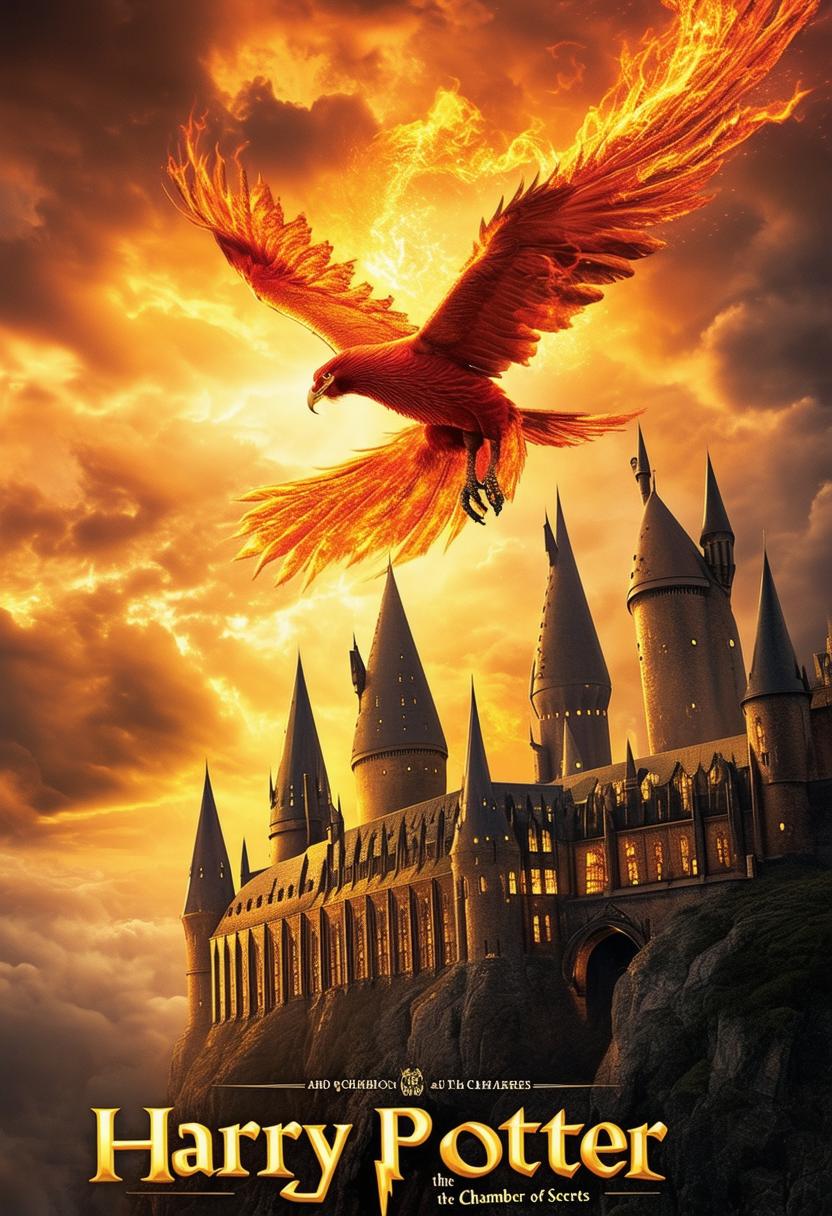 This is a request for a high-definition book cover for 'Harry Potter and the Chamber of Secrets', featuring a phoenix flying above Hogwarts