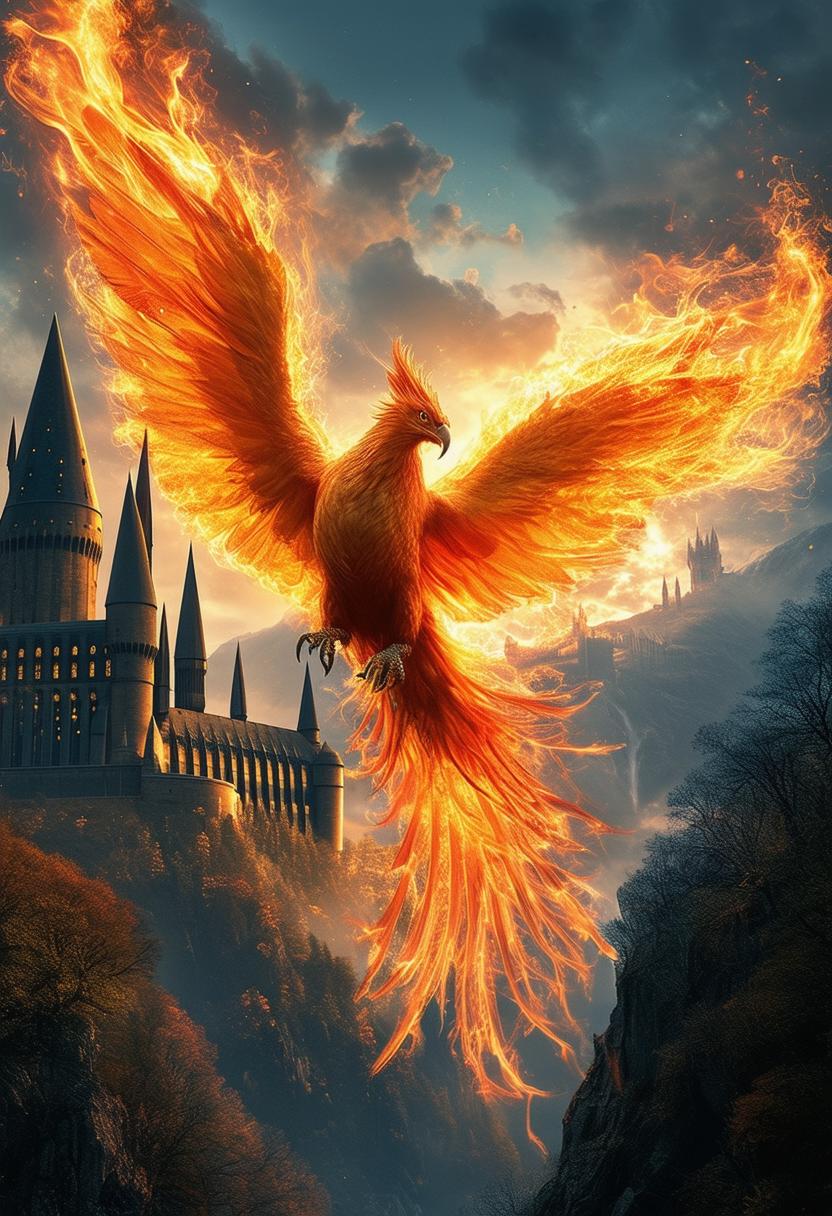 This is a request to create a high-definition book cover for 'Harry Potter and the Chamber of Secrets', featuring a phoenix flying above Hogwarts