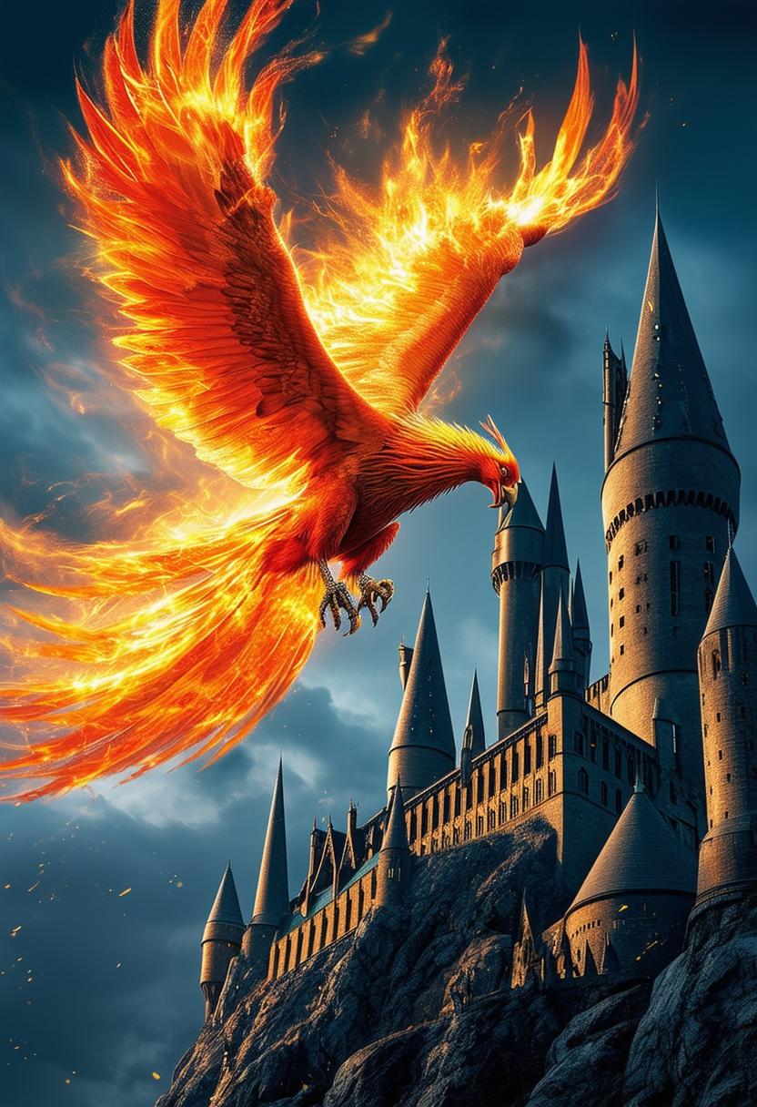 The request is for a high-definition book cover for 'Harry Potter and the Chamber of Secrets', featuring a phoenix flying above Hogwarts