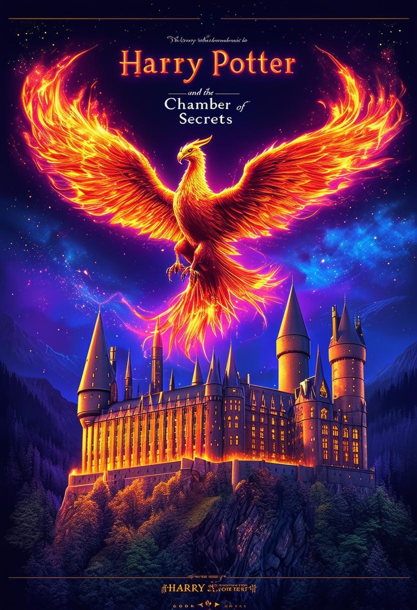 The request is for a book cover for 'Harry Potter and the Chamber of Secrets' with neon text, featuring a phoenix flying above Hogwarts