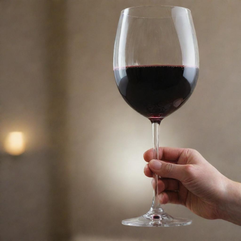 A person's hand elegantly holding a glass filled with deep red wine, poised for a sip.