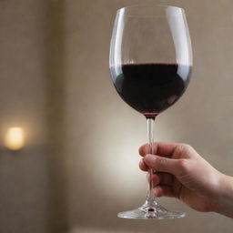 A person's hand elegantly holding a glass filled with deep red wine, poised for a sip.