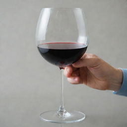 A person's hand elegantly holding a glass filled with deep red wine, poised for a sip.