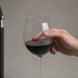 A person's hand elegantly holding a glass filled with deep red wine, poised for a sip.