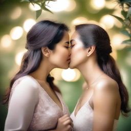 Two women sharing a gentle, romantic kiss