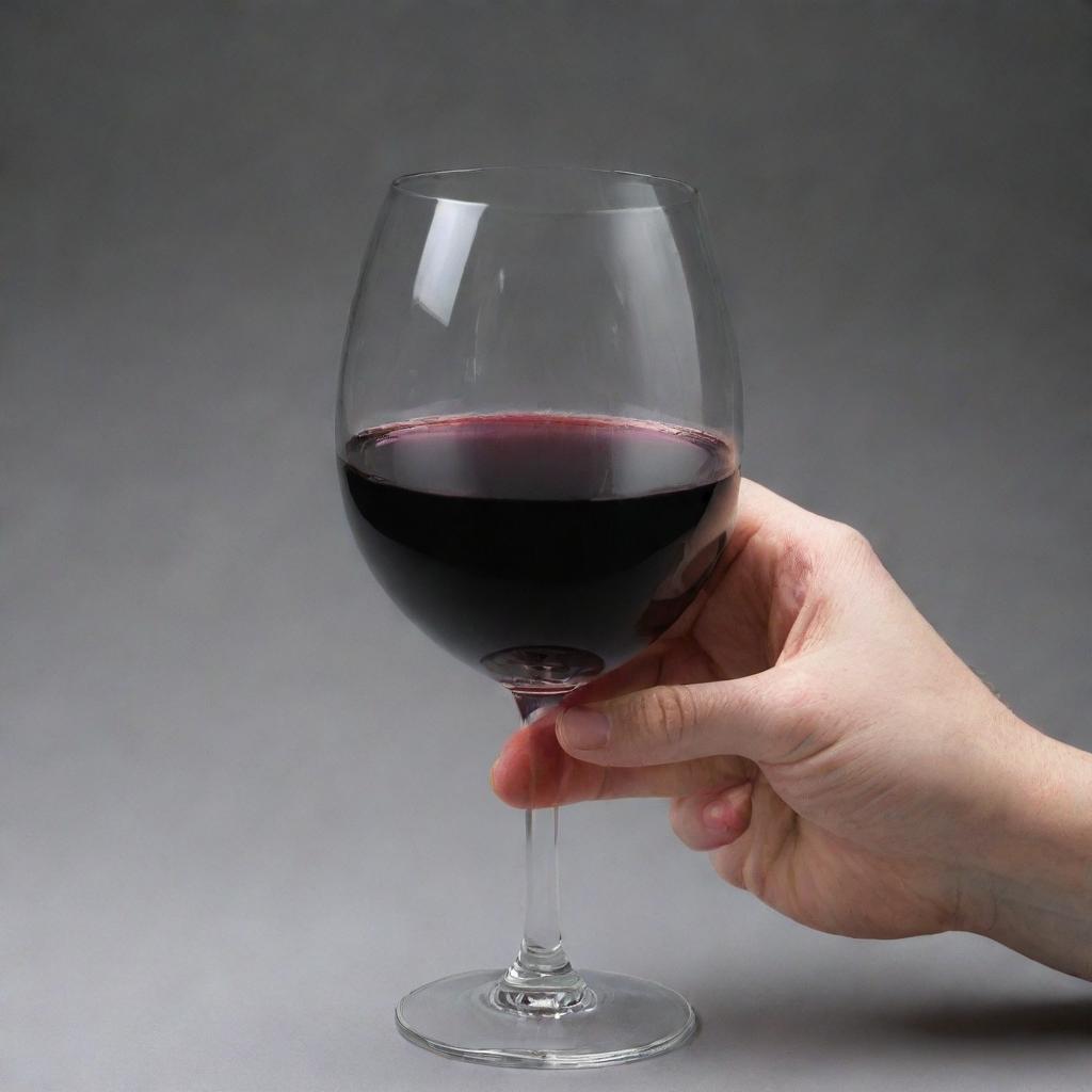 A person's hand elegantly holding a glass filled with deep red wine, poised for a sip.