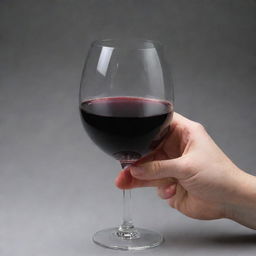 A person's hand elegantly holding a glass filled with deep red wine, poised for a sip.