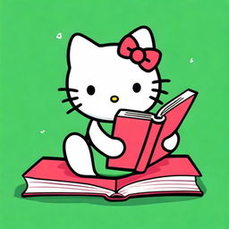 A picture of Hello Kitty engrossed in reading a book, with a vibrant green background.