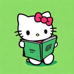 A picture of Hello Kitty engrossed in reading a book, with a vibrant green background.