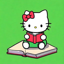 A picture of Hello Kitty engrossed in reading a book, with a vibrant green background.