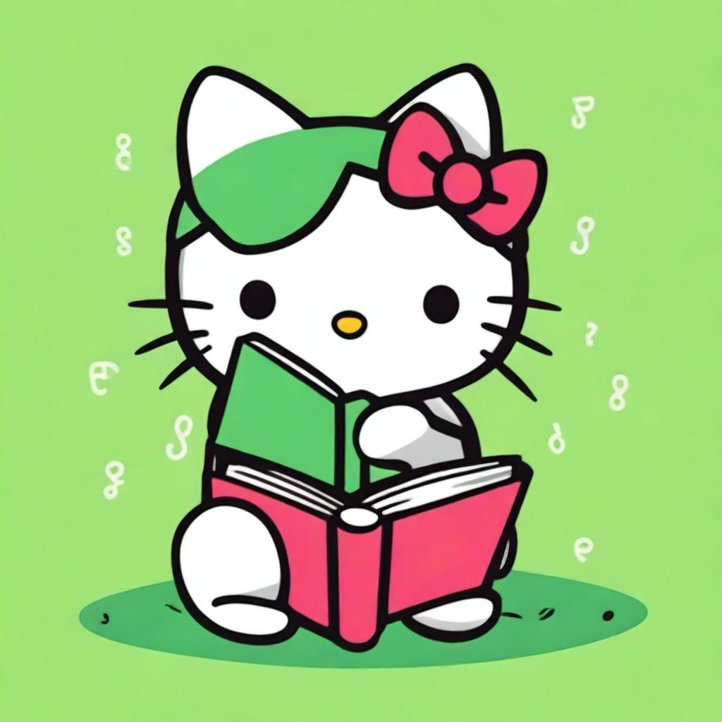 A picture of Hello Kitty engrossed in reading a book, with a vibrant green background.