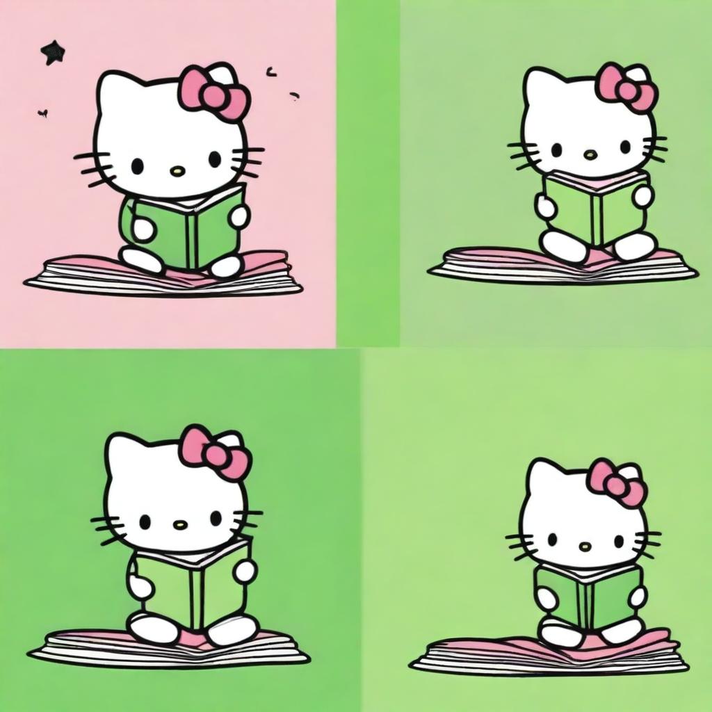 Four different images of Hello Kitty reading a book with varying green backgrounds.