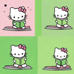 Four different images of Hello Kitty reading a book with varying green backgrounds.