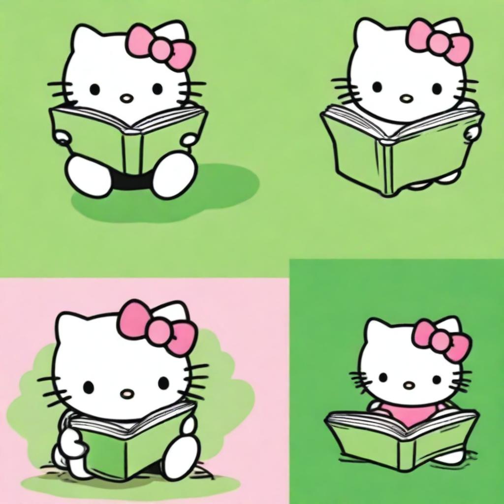 Four different images of Hello Kitty reading a book with varying green backgrounds.