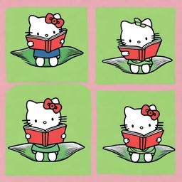 Four different images of Hello Kitty reading a book with varying green backgrounds.