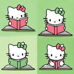 Four different images of Hello Kitty reading a book with varying green backgrounds.