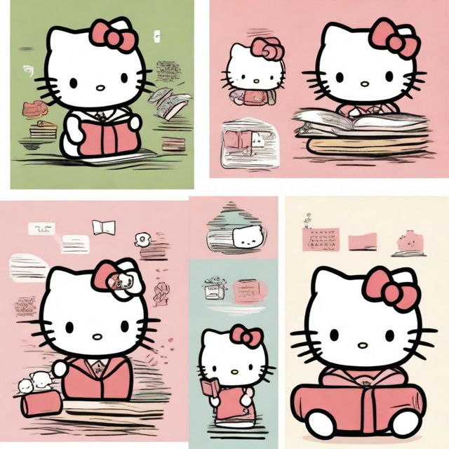 Four images of Hello Kitty engaging in different literature-related activities.