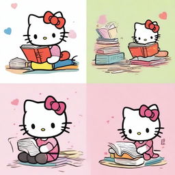 Four images of Hello Kitty engaging in different literature-related activities.