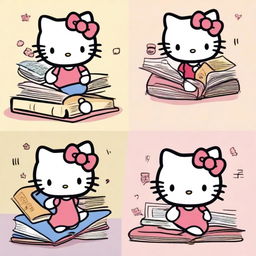 Four images of Hello Kitty engaging in different literature-related activities.