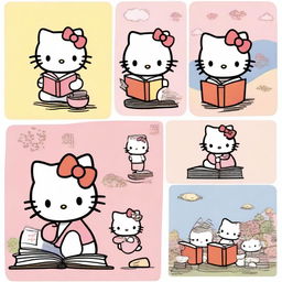 Four images of Hello Kitty engaging in different literature-related activities.