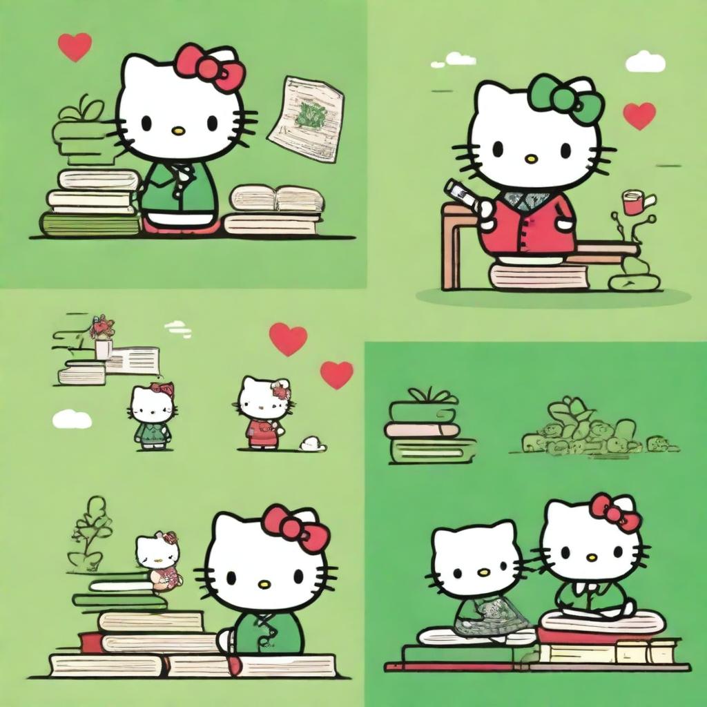 Four images of Hello Kitty engaged in different literature-related activities with a green background.