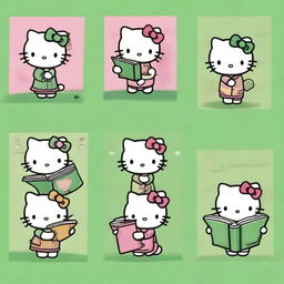 Four images of Hello Kitty engaged in different literature-related activities with a green background.