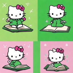 Four images of Hello Kitty engaged in different literature-related activities with a green background.