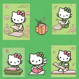 Four images of Hello Kitty engaged in different literature-related activities with a green background.