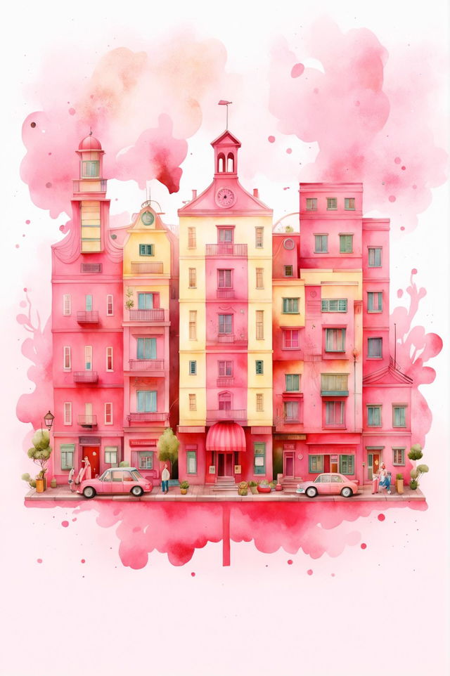 This is a request for a high-resolution, Wes Anderson inspired background design featuring a pink watercolour city scene