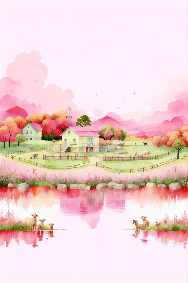 This is a request for a high-resolution, Wes Anderson inspired background design featuring a pink watercolour country scene