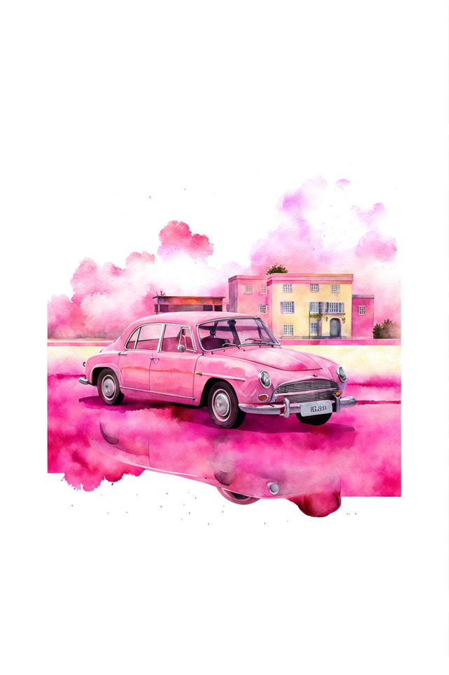 This is a request for a high-resolution, Wes Anderson inspired background design featuring a pink watercolour car