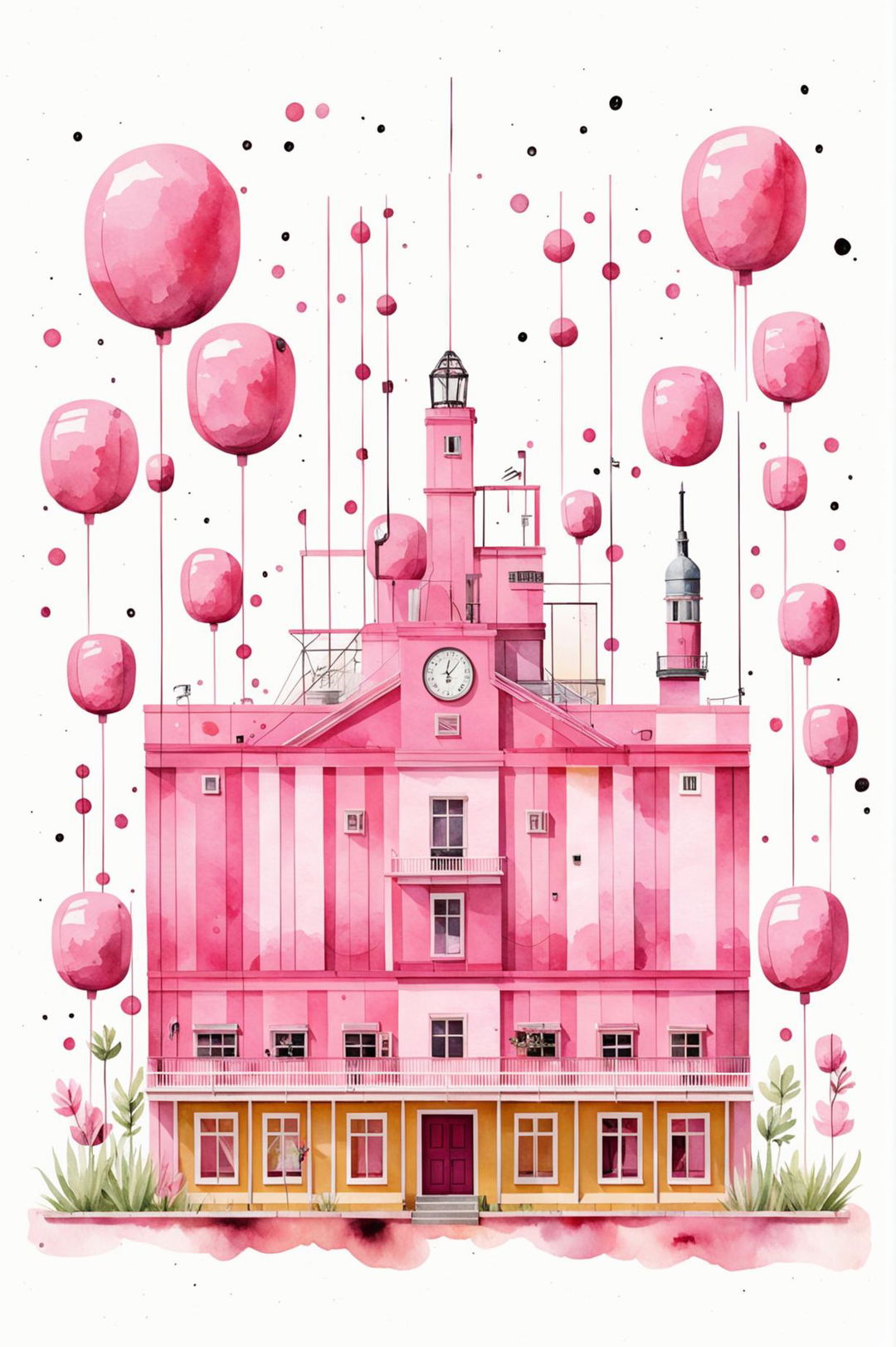 This is a request for a high-resolution, Wes Anderson inspired background design featuring pink watercolour bubbles