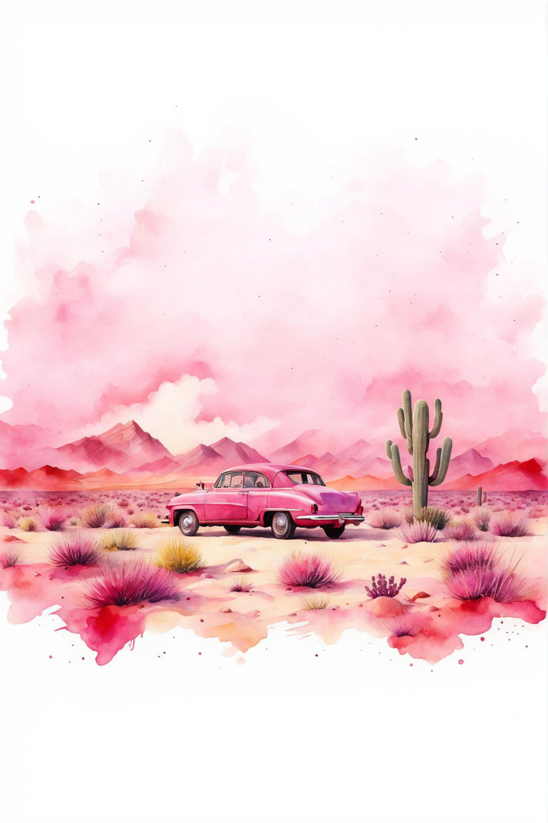 This is a request for a high-resolution, Wes Anderson inspired background design featuring a pink watercolour desert scene