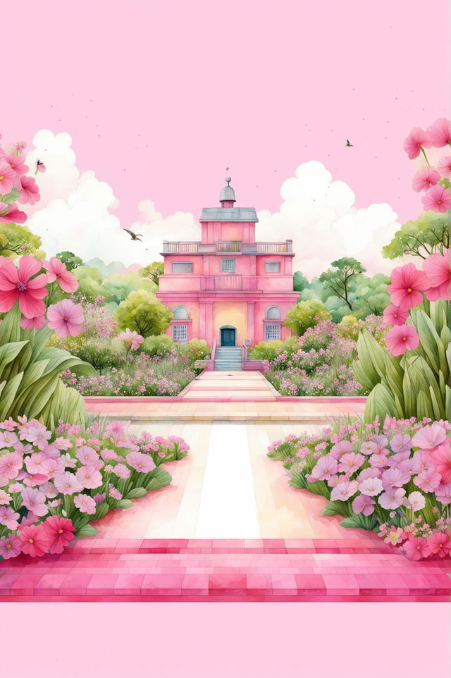 This is a request for a high-resolution, Wes Anderson inspired background design featuring a pink watercolour flower garden