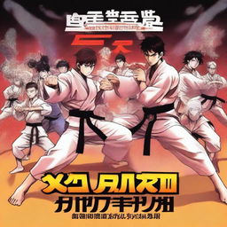 Create an anime-style book cover featuring a high-intensity karate tournament