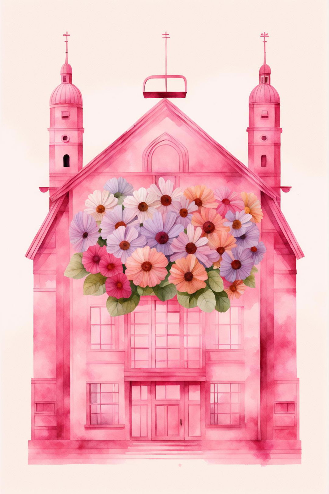 This is a request for a high-resolution, Wes Anderson inspired background design featuring a pink watercolour bouquet