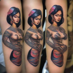 Draw a Thai bar girl in a stylish outfit, showcasing her unique tattoos