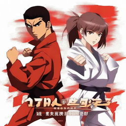 Create an anime-style book cover for 'Anime Karate Tournament', featuring a male and female fighter in the midst of a high-intensity karate tournament