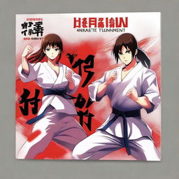 Create an anime-style book cover for 'Anime Karate Tournament', featuring a male and female fighter in the midst of a high-intensity karate tournament