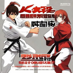 Create an anime-style book cover for 'Anime Karate Tournament', featuring a male and female fighter in the midst of a high-intensity karate tournament