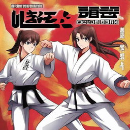 Create an anime-style book cover for 'Anime Karate Tournament', featuring a male and female fighter in the midst of a high-intensity karate tournament