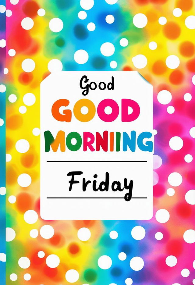 A 32k HD quality book cover for the title 'Good Morning Friday' with a background filled with vibrant rainbow polka dots.