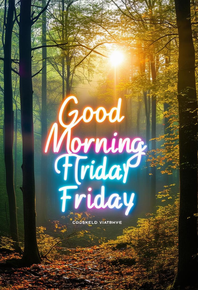 A 32k HD quality book cover for the title 'Good Morning Friday' with a serene woodland photograph as a background and the title in neon text