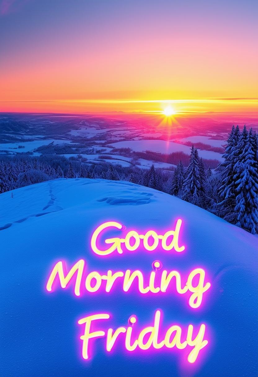 A 32k HD quality book cover for 'Good Morning Friday', featuring a snowy hill at sunrise and the title in neon text.