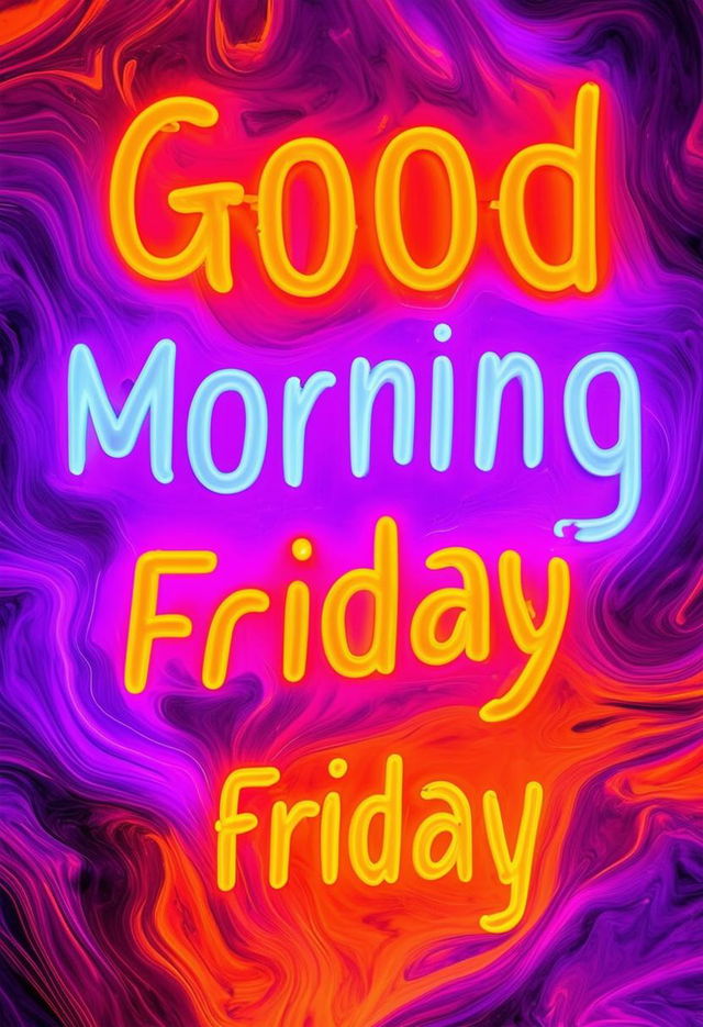 A book cover for 'Good Morning Friday', featuring a lava lamp blob background in orange and purple, with the title in neon text