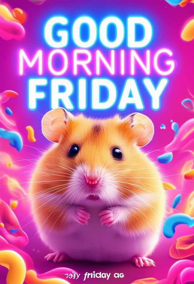 A book cover for 'Good Morning Friday', featuring an adorable hamster, with the title in neon text.