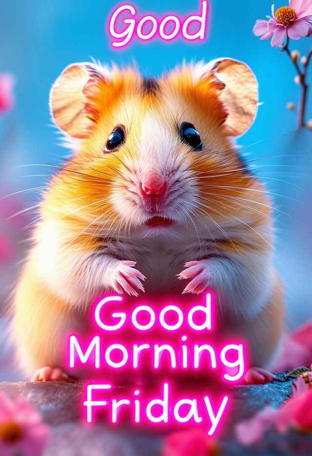 A book cover for 'Good Morning Friday', featuring an adorable hamster, with the title in neon text.